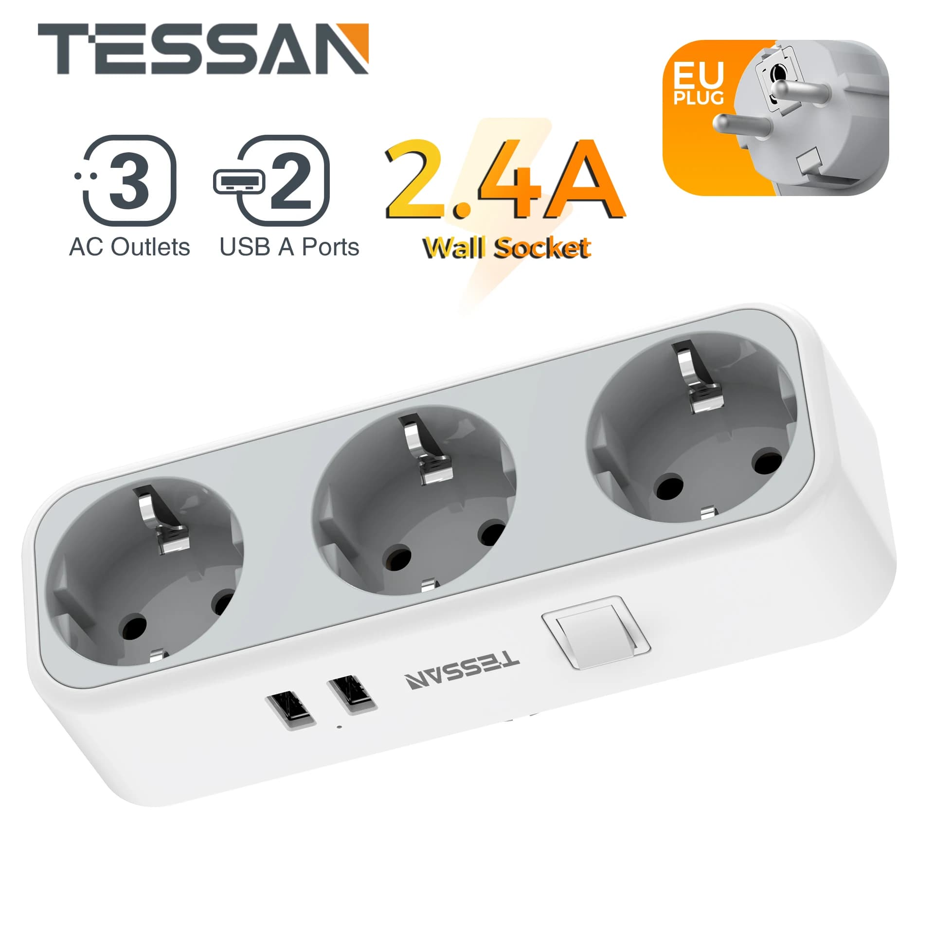 TESSAN USB Wall Socket Extender with 3 AC Outlets +2 USB Ports EU Plug Power Adapter Overload Protection Switch for Home/Office