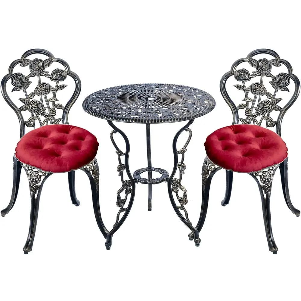 Set da Pranzo per Esterni 5 Pezzi, Tavolo e Sedie da Patio, Set Bistrot in Ghisa Resistente alla Ruggine con Cuscini, Design Rose (Rame)
