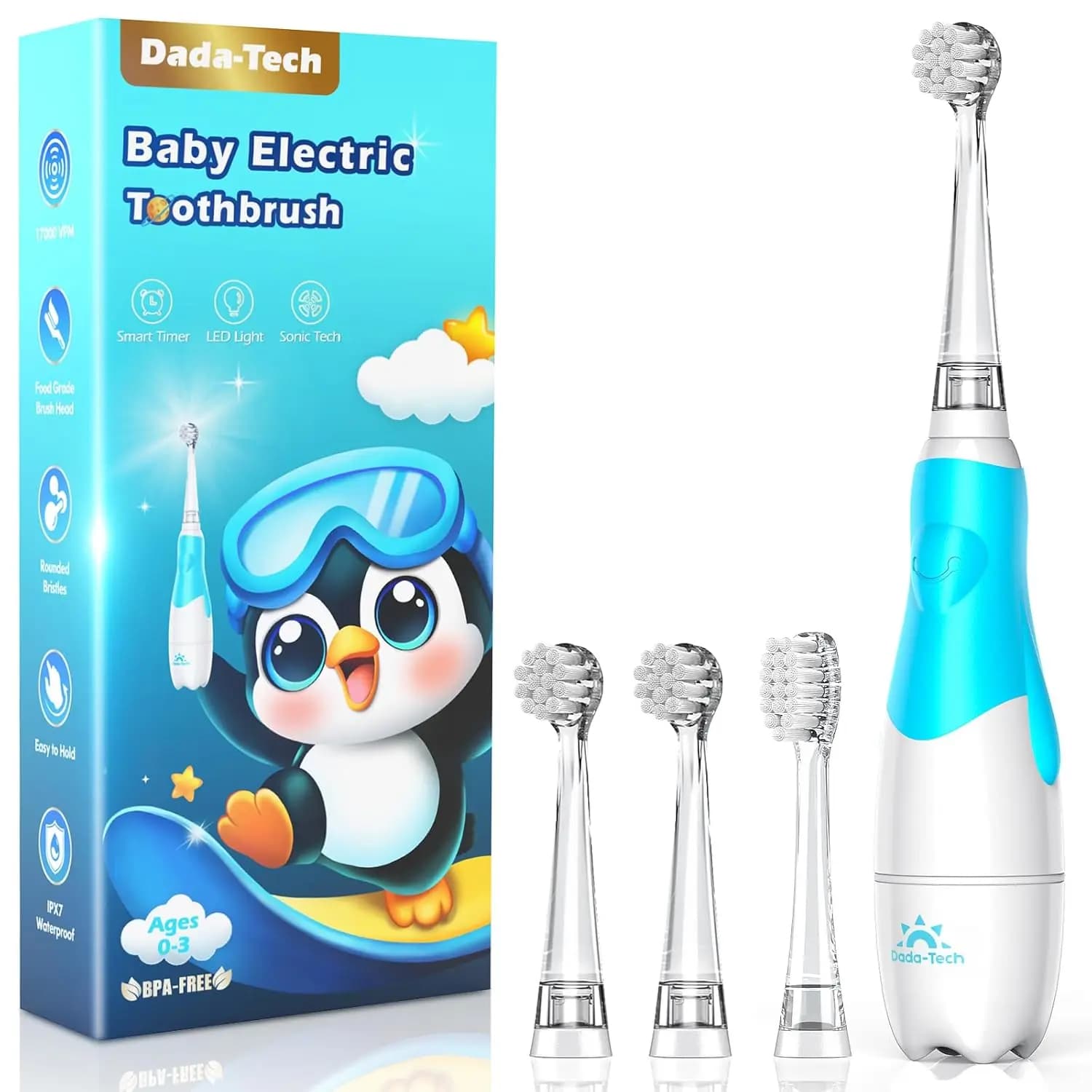 Spazzolino elettrico per bambini da 1 a 3 anni, luce LED, timer da 2 minuti, 4 testine, setole morbide, pinguino rosa