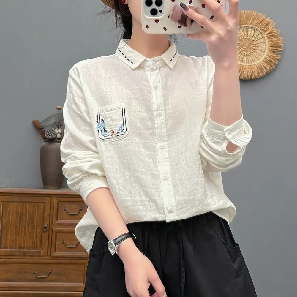 Cotton Yarn Spring and Autumn New Style Loose Embroidered Long-sleeved Shirt Versatile Base Double-layer Pure Cotton Top