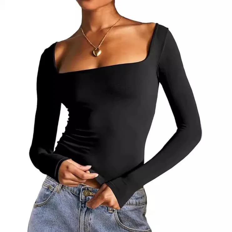 Women's Long Sleeve Square Neck T-Shirt Top Slim Fit Milk Fiber Thickened Summer Fashion European Style Iron-Free Processing