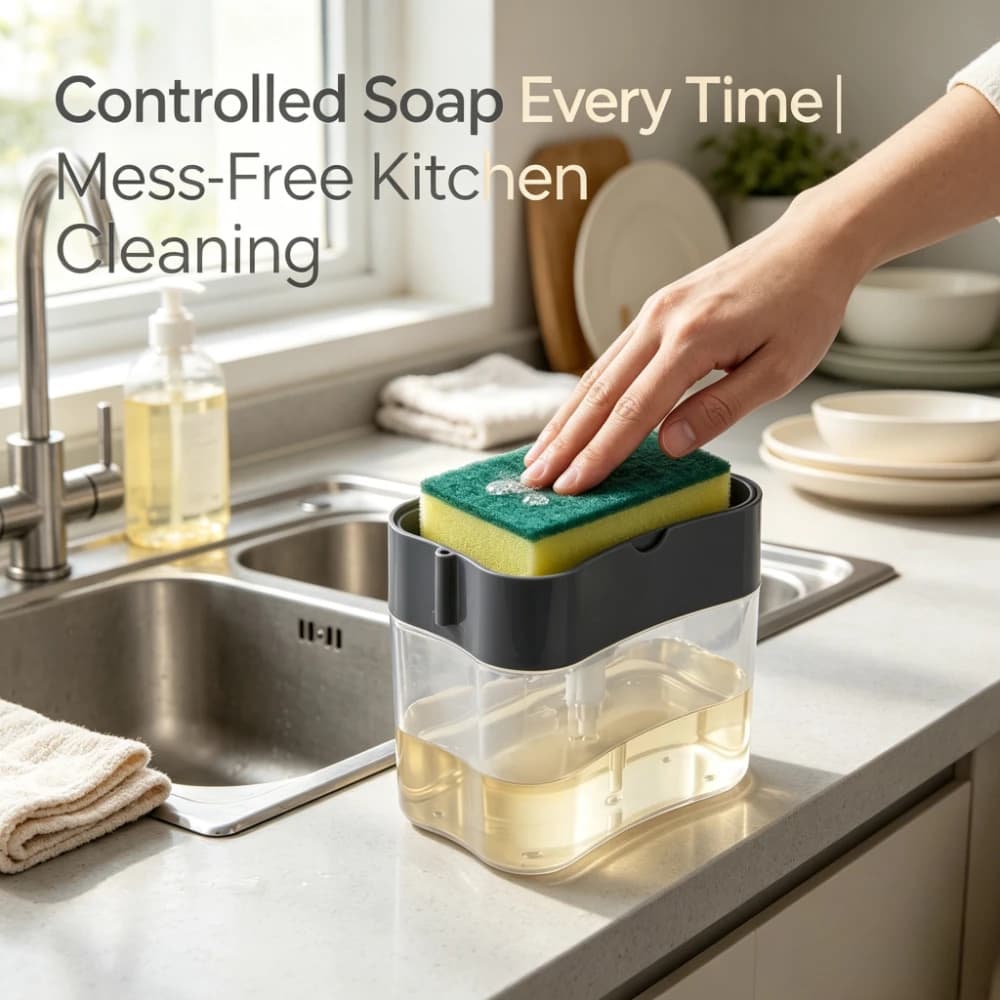 Press-Activated Soap Dispensing Sponge Holder | Kitchen Sink Scouring Pad Organizer with Controlled Liquid Release — Mess-Free Countertop Cleaning Station