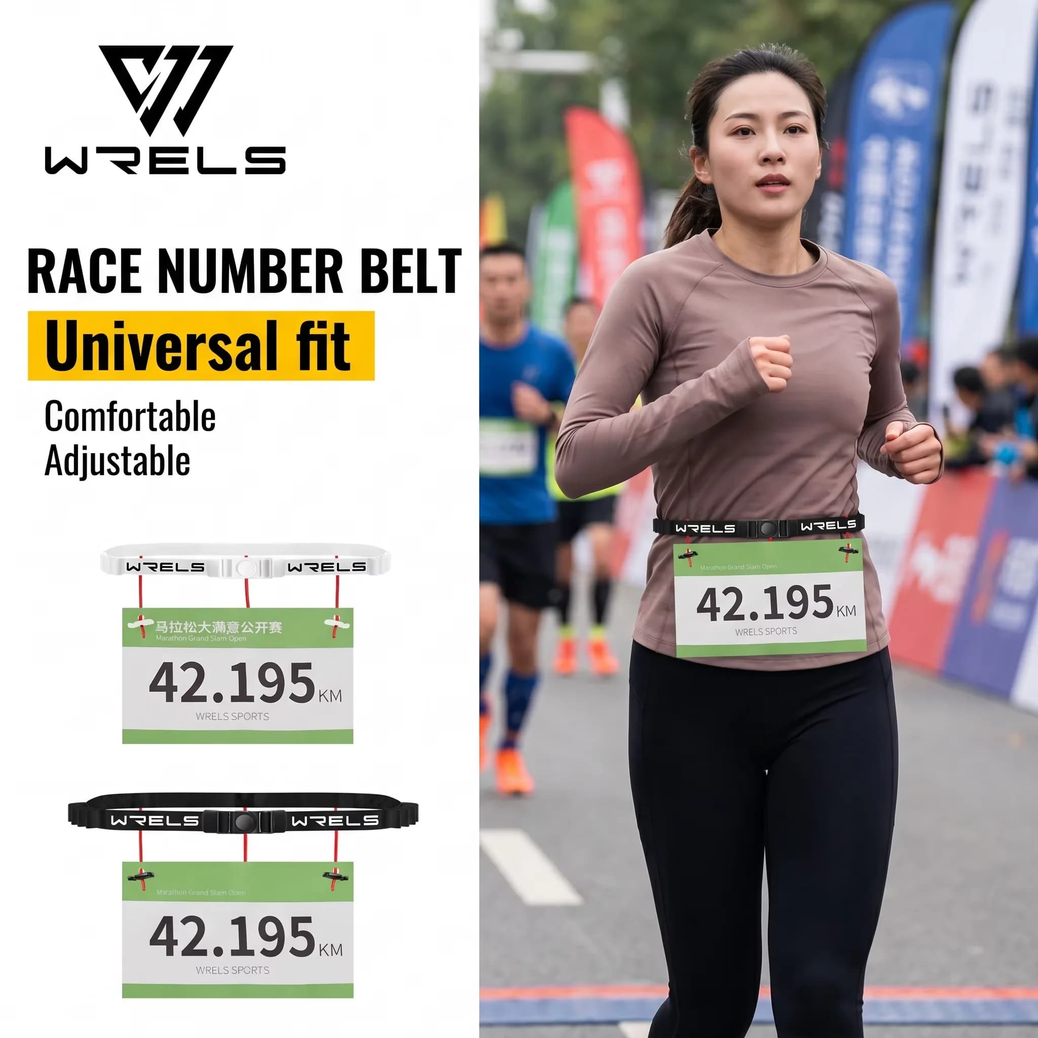 WRELS Race Number Belt Soft Stretch Bib Belt Adjustable Triathlon Belt Energy Gel Holder Ultralight Marathon Running Belt
