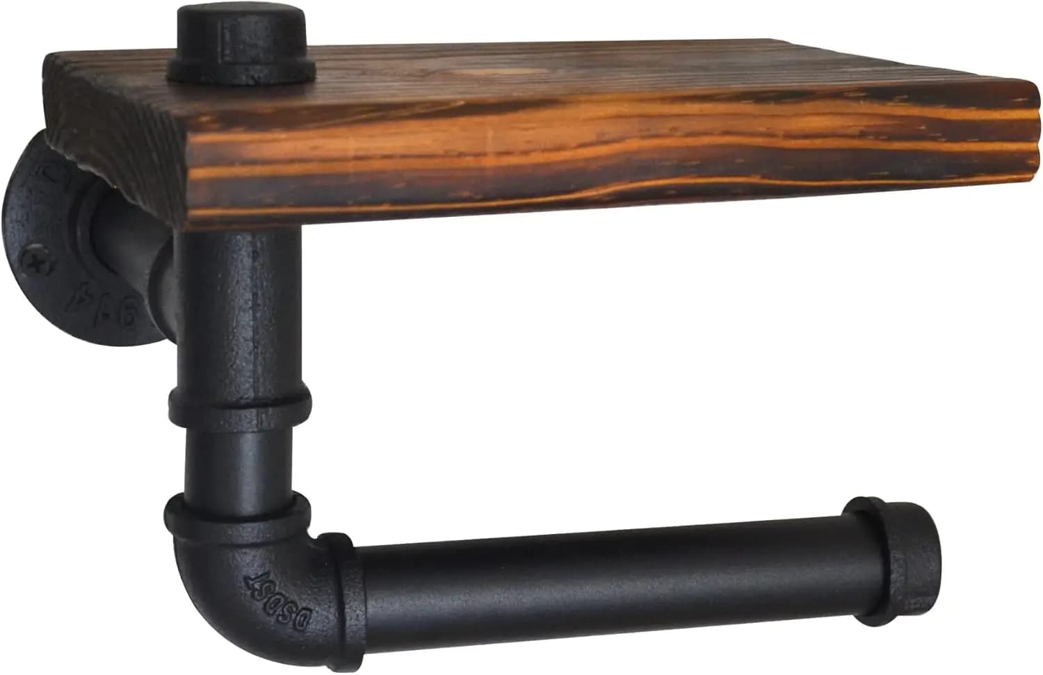 Portarotolo rustico in legno con mensola e accessori in tubo di ferro nero, montaggio a parete per bagno