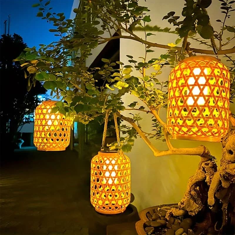 1PC Lanterna solare in bambù imitazione Lanterna esterna in rattan di plastica impermeabile Decorazione cortile Luce da giardino