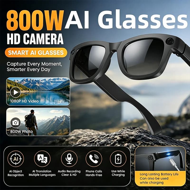 AI Smart Glasses 8MP Camera 1080P Video Recording Photo Shooting BT Call Music Player Voice AI Translation Sunglasses Men Women