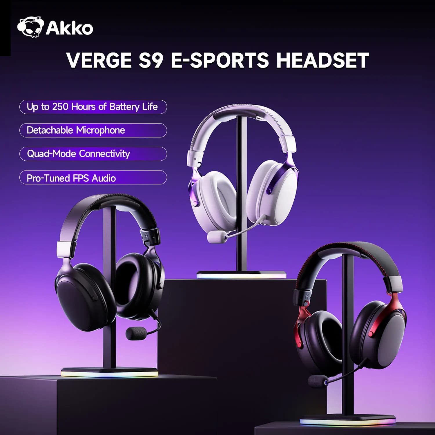 AKKO Verge S9 headphones with surround sound 7.1 channels, Pro-Tuned audio for FPS, 53mm driver with microphone, quad-mode headphones for eSport players