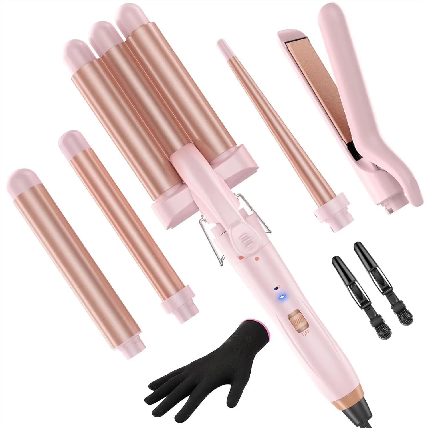 Set Ferro Arricciacapelli 5 in 1 con Piastra per Capelli, 3 Cilindri, 2 Temperature, Riscaldamento Rapido, Guanto e Clip - Rosa Chiaro