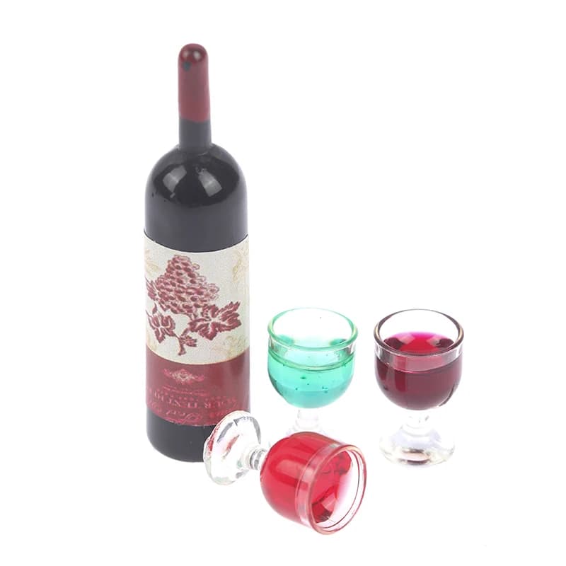 Set di 3 Mini Bottiglie di Vino e Bicchieri per Casa delle Bambole 1/12, Modello Simulato per Decorazione e Allestimento Scenografico