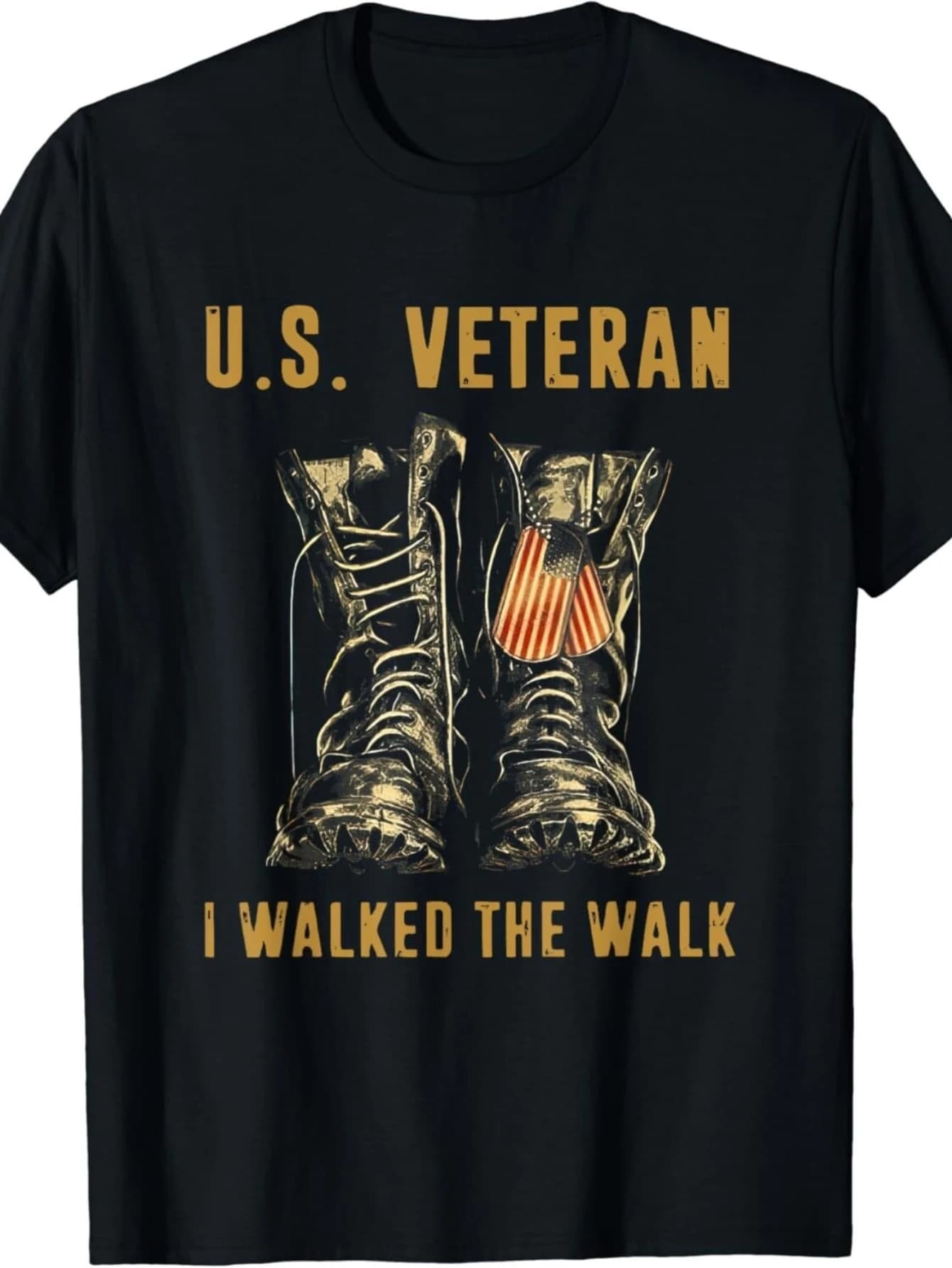 Men's T-shirt American I Walked The Walk, black with golden combat boots and dog tag design