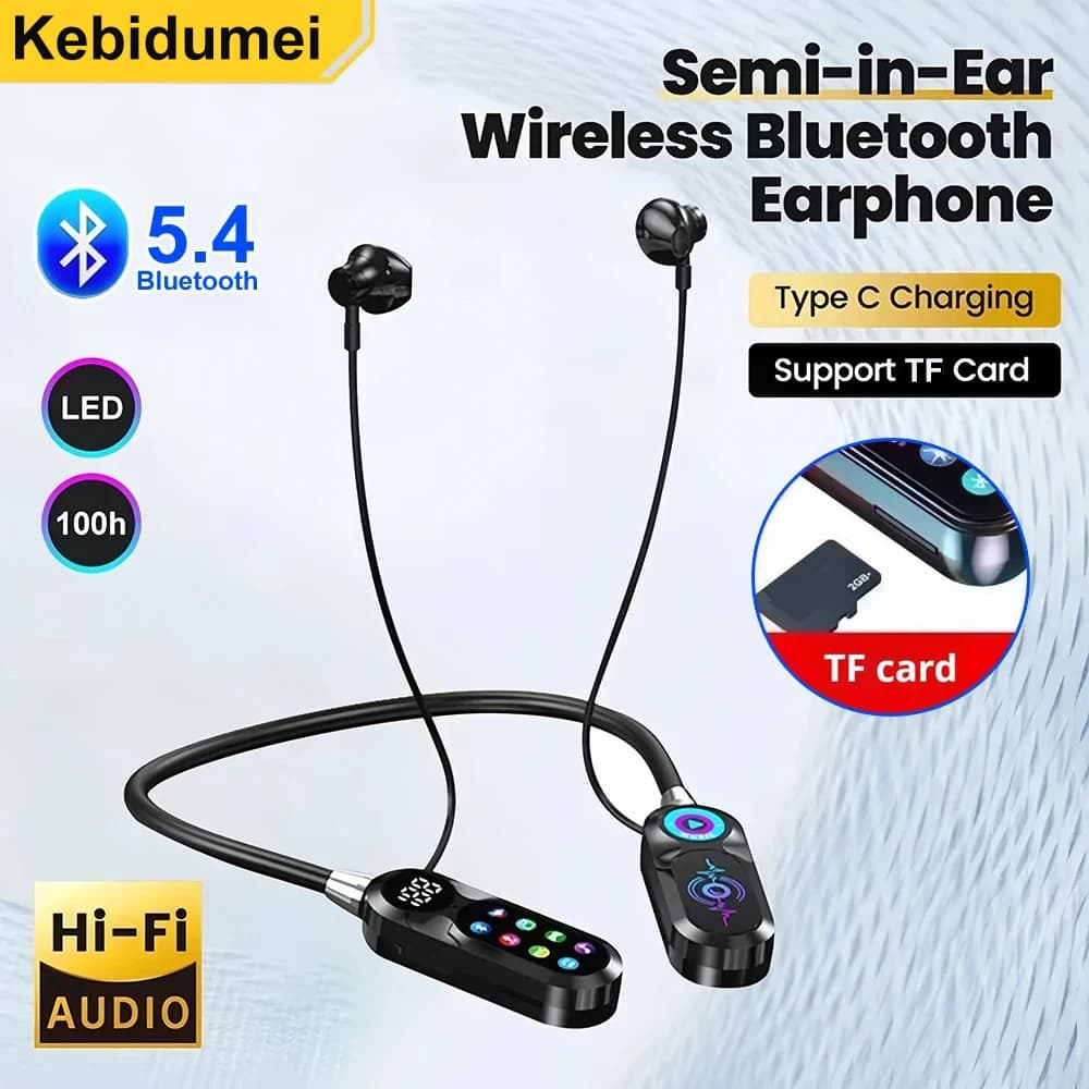 Cuffie Bluetooth 5.4 con Schermo HD, Auricolari Wireless TWS con Fascia da Collo, Cuffie HiFi Stereo Impermeabili con Supporto per Scheda TF