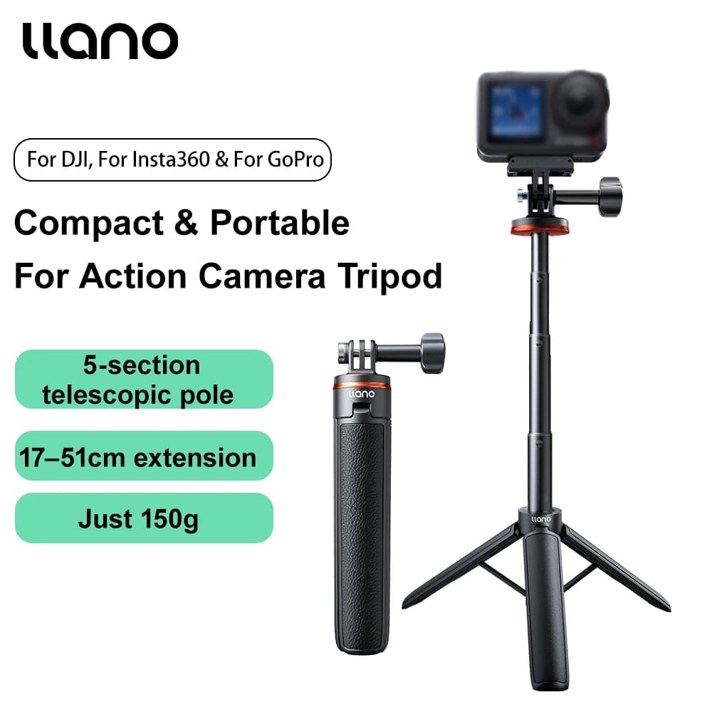 llano 51,5 cm/20,28'' Asta Selfie con Treppiede Portatile e Impugnatura per Vlog, Leggera, per Action Camera e GoPro Hero 13