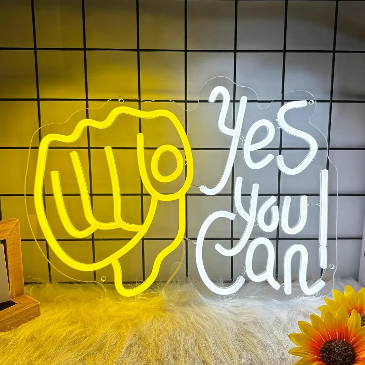 Insegna al neon motivazionale Fist Pump, decorazione da parete moderna, romantica, colorata, effetto luce vaga e sognante, vista nebbiosa