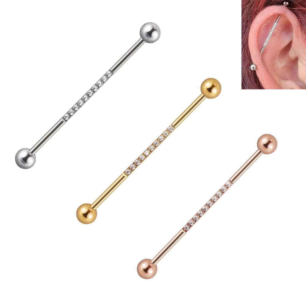 1/3 pezzi in acciaio inossidabile bilanciere industriale ponte lungo micro inserto zircone orecchino trasversale donne gioielli penetranti all'orecchio 16G