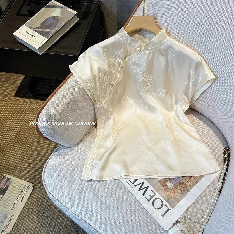 2025 Camicia estiva da donna cinese a maniche corte in raso stampato Colletto rialzato Camicetta da donna elegante chic Retro Summer Thin Sof