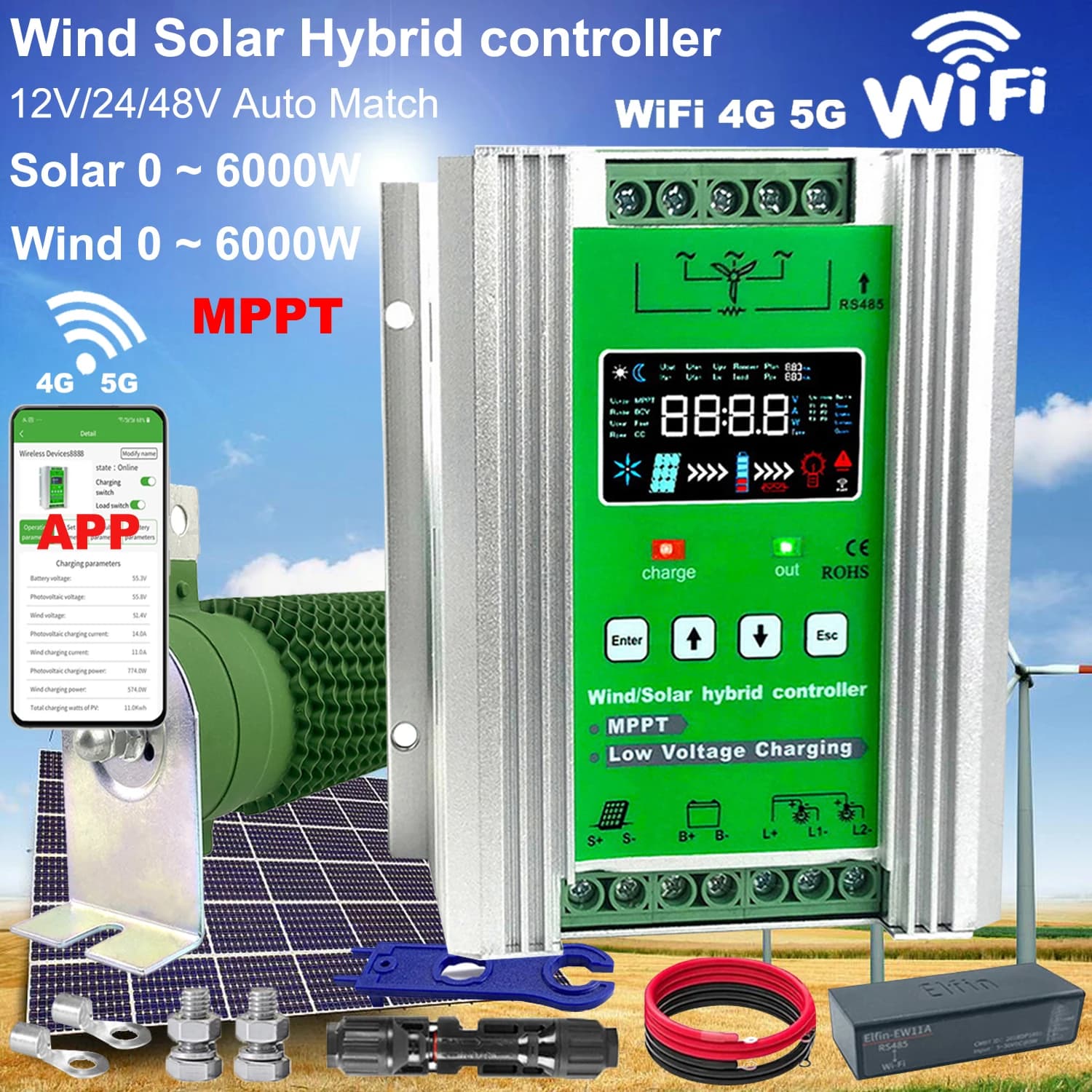 Regolatore di Carica Ibrido Eolico-Solare WiFi 12V 24V 48V 3000W, Caricatore MPPT per Pannello Solare e Turbina Eolica, Batterie al Litio e al Piombo-Acido