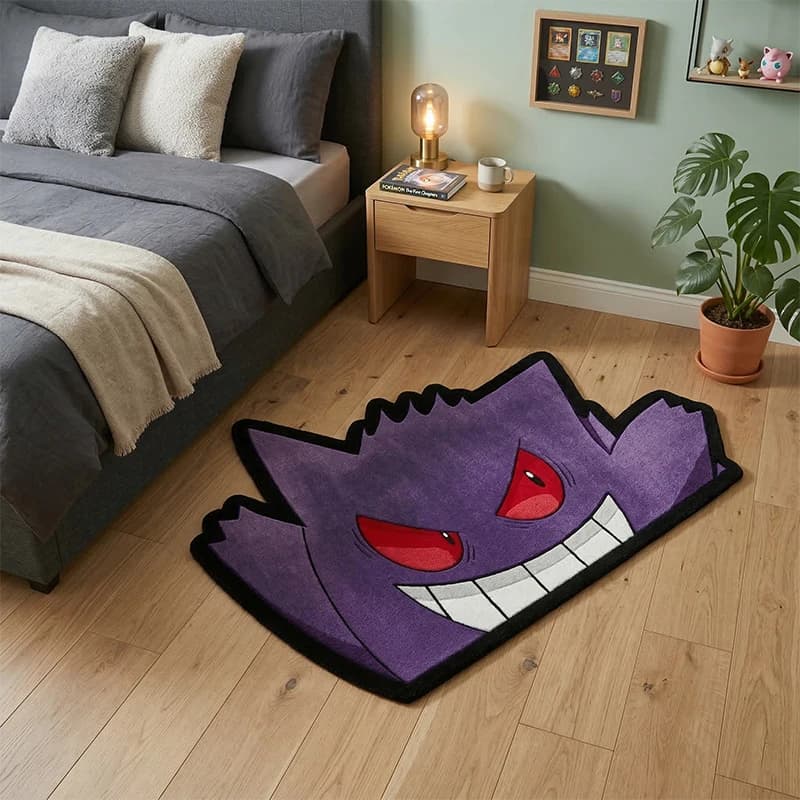 Tappeto Pokemon Gengar, simpatico tappetino viola a forma di fantasma, tappeto dalla forma irregolare per camera da letto, sala giochi, antiscivolo, decorazione per la casa