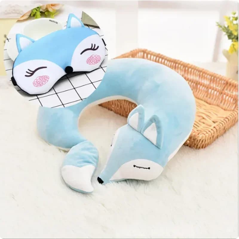 Cuscino da viaggio a forma di U con volpe simpatica, in cotone felpato, per auto e casa, con maschera per gli occhi, per il riposo e la cura del sonno, cuscino a forma di animale, Almohada