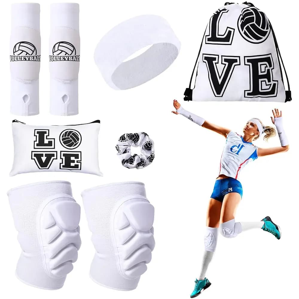Set di 8 Accessori per Pallavolo, Include Manicotti, Ginocchiere, Elastici per Capelli, Fascia Antisudore e Borsa con Coulisse