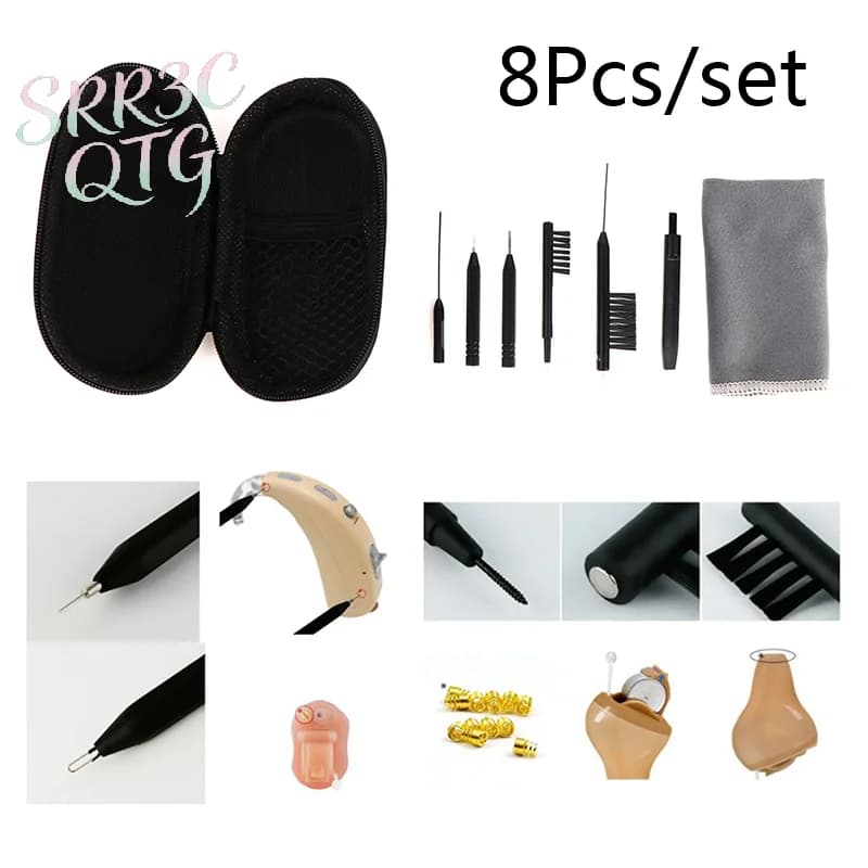 Kit di Pulizia per Apparecchi Acustici 8 Pezzi/Set: Spazzola, Pulitore per Prese d'Aria, Filo, Magnete, Strumenti per la Rimozione del Cerume