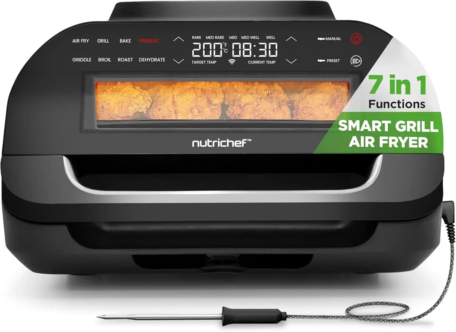 Smokeless Indoor Grill - Smart Electric Grill and Air Fryer with 7 Cooking Modes - 6-Liter Capacity - Includes Smart Probe for A