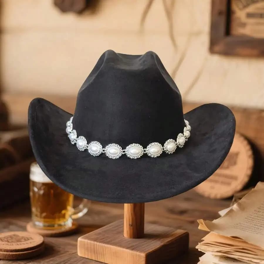 Cappello da Cowgirl in Feltro da Donna con Tesa Larga, Stile Jazz, Elegante Design con Catena di Perle, Cappello Western per la Vita Quotidiana e Feste