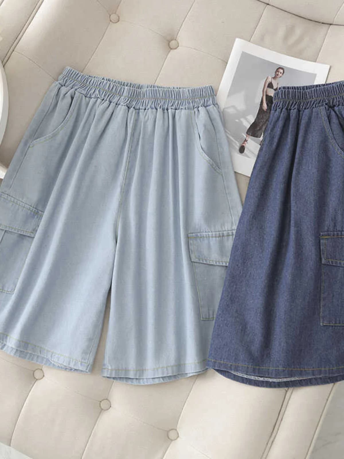 plus Size Fashion Workwear Denim Shorts Summer High Waist Slim Straight Wide Leg Five-Quarter Pants for Heavy MM