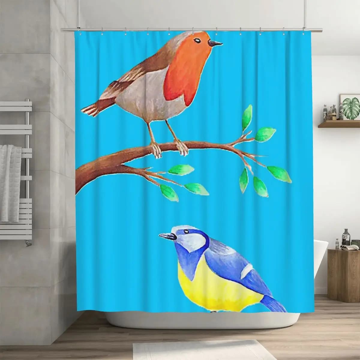 Tenda da doccia con design di uccelli colorati su sfondo azzurro, tende da bagno impermeabili in poliestere con ganci