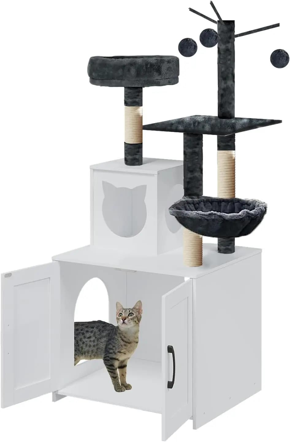 Cat Tree with Litter Box, Wood Litter Box Enclosure with Food Station, Modern Cat Tower for Indoor Large Cats with Large Platfor