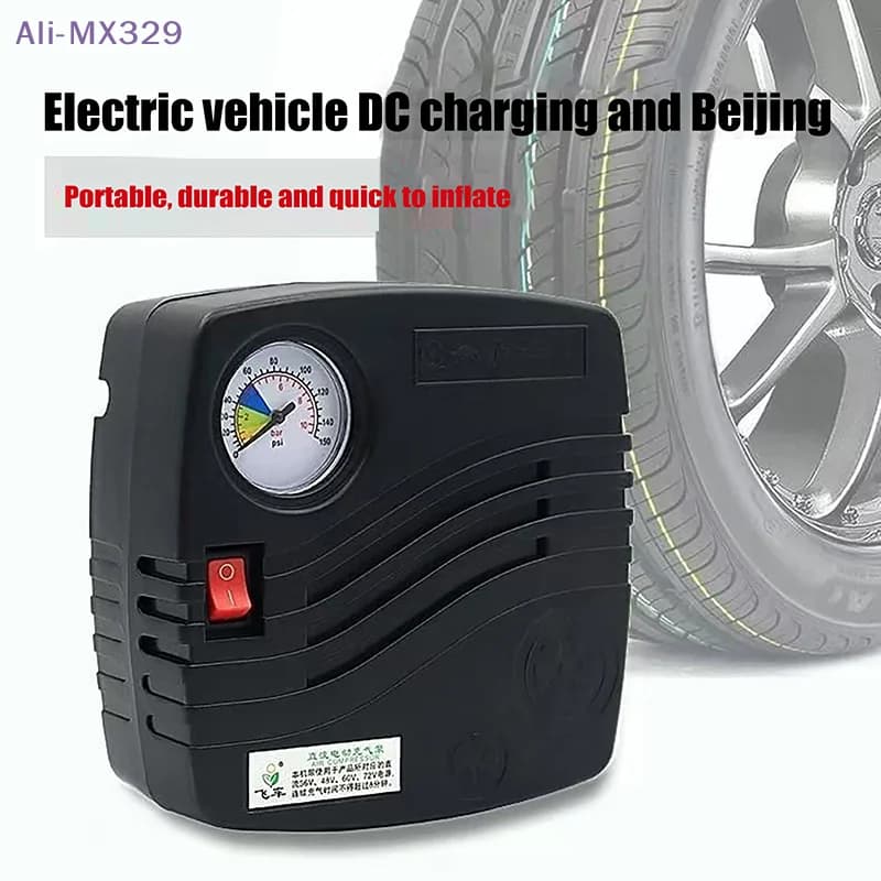 Compressore d'aria portatile per pneumatici auto e biciclette, con manometro, alimentato a 12V CC, accessori per gonfiaggio pneumatici.