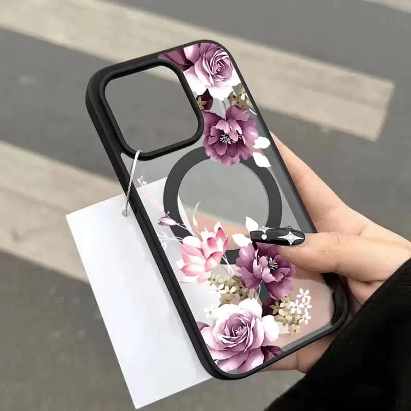 Custodia per iPhone 17 16 15 14 12 11 Pro XS Max Air 16e 17e viola floreale trasparente antiurto magnetica con ricarica wireless MagSafe