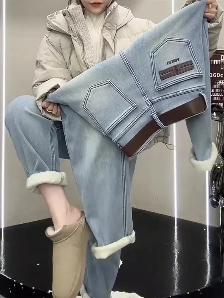 Jeans a Gamba Dritta con Fodera in Pile Taglia Grande per Donna, Pantaloni Invernali Larghi a Vita Alta Snellenti Stile Dad Harlan a Tre Quarti