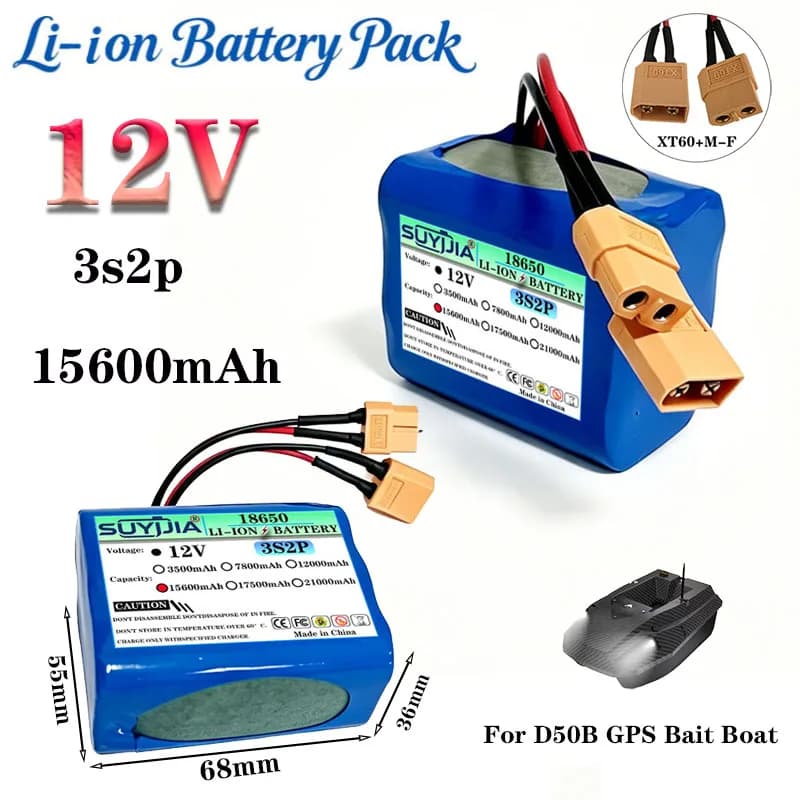 New 18650 12V 15600mAh D50B Lithium Ion Battery for GPS Bait Boat Elevator Intercom Video Doorbell Emergency Light
