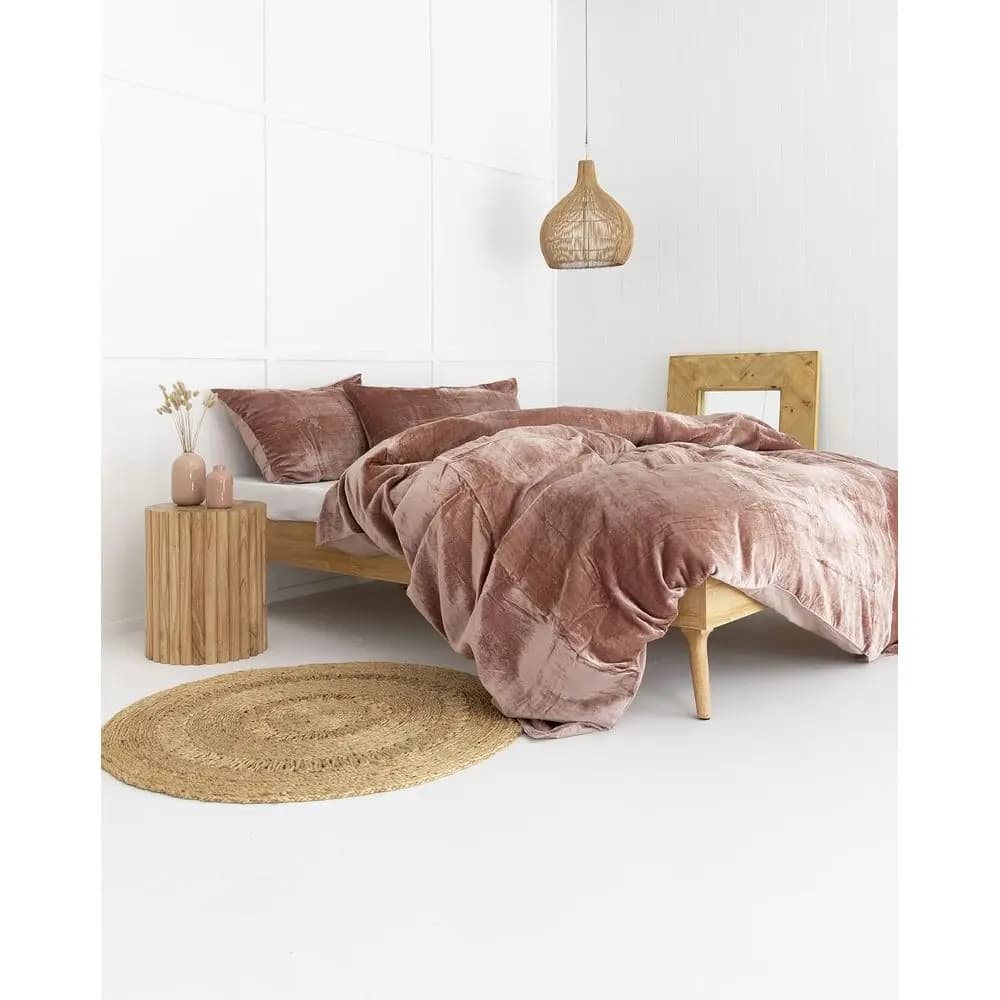 Set copripiumino Boho di lusso in velluto rayon, rosa tinta unita, king size 90x104