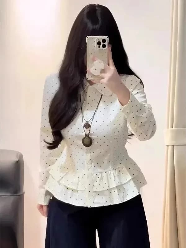 Camicia Primaverile da Donna a Maniche Lunghe con Colletto Baby Doll e Orlo in Pizzo, Versatile e Snellente, Moda Femminile di Tendenza, Marca Cinese