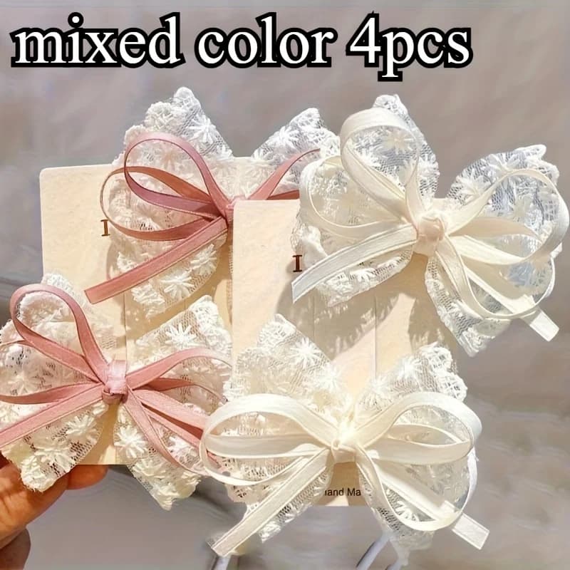 Set di fermagli per capelli con fiocco in pizzo da 4 pezzi adatto per tutte le stagioni, uso quotidiano versatile/styling con fiocco per tea party, leggero e comodo da indossare