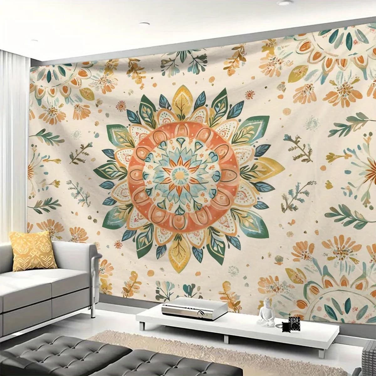 1 Bohemian Mandala Wall Tapestry - Vibrant floral print design in orange, blue, green and yellow, polyester fabric for bedroom