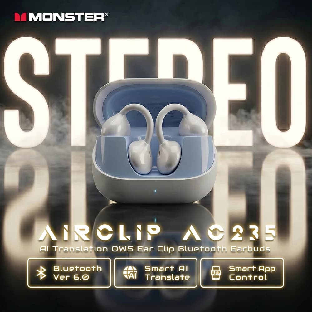 Auricolari Traduttori AI Monster AC235 con Clip, Audio Stereo Hi-Fi, Bluetooth 6.0, Cuffie ENC per Chiamate Chiare, Auricolari Wireless TWS