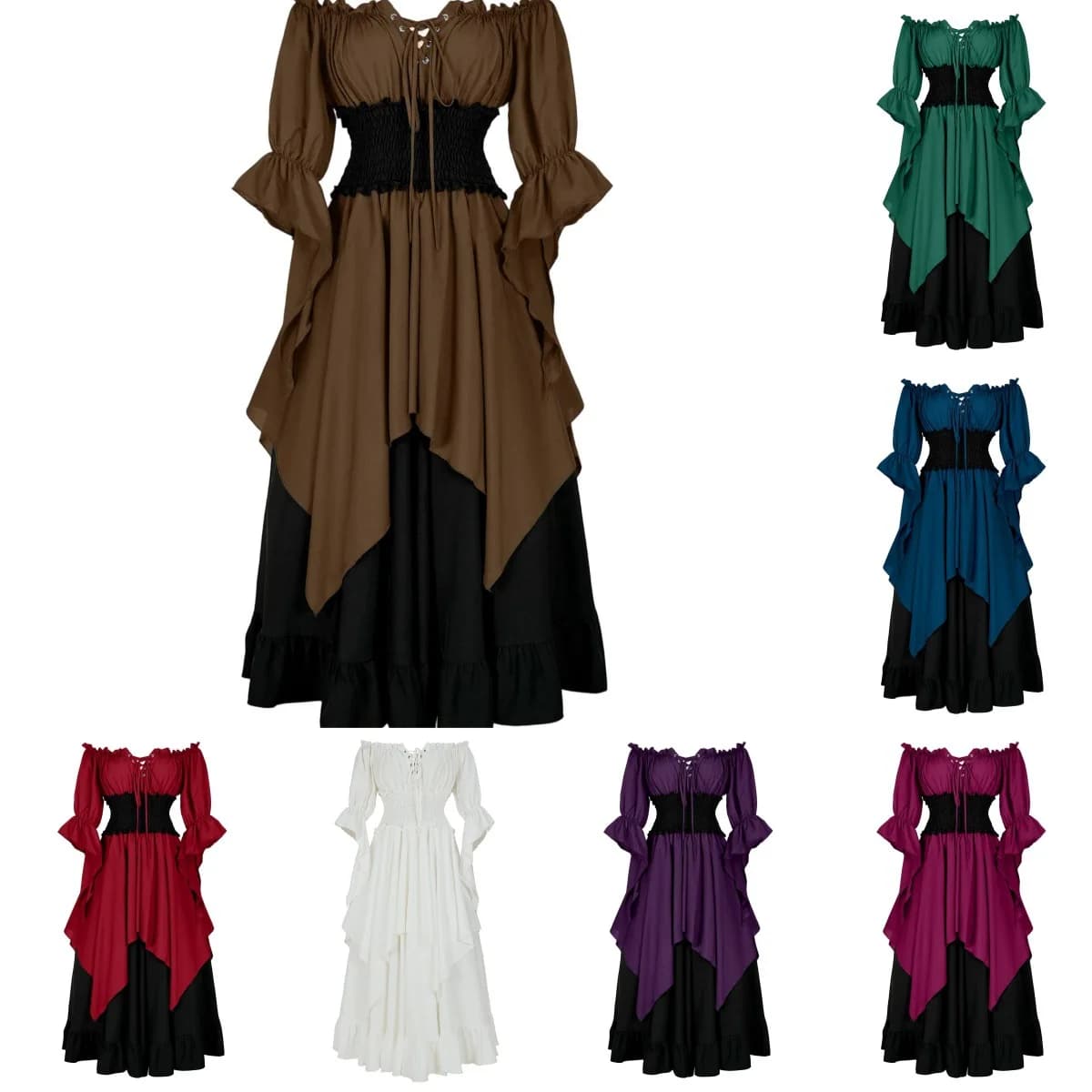 Abito lungo da donna in stile gotico rinascimentale con vita stretta Costume di Halloween Elegante abito con maniche a mosca in misto poliestere