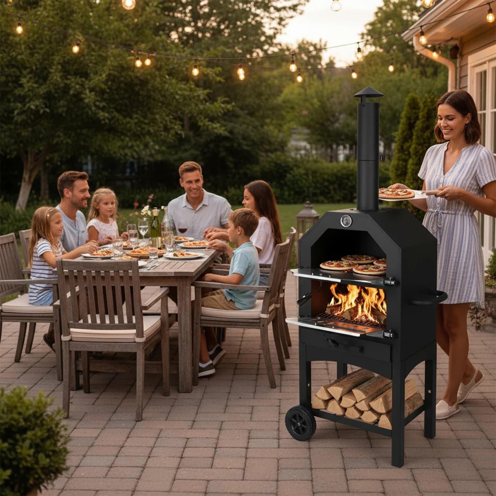 Forno per pizza a carbone autoportante a 2 livelli, pietra e pala, grande forno per pizza a pellet di legno per campeggio in cortile