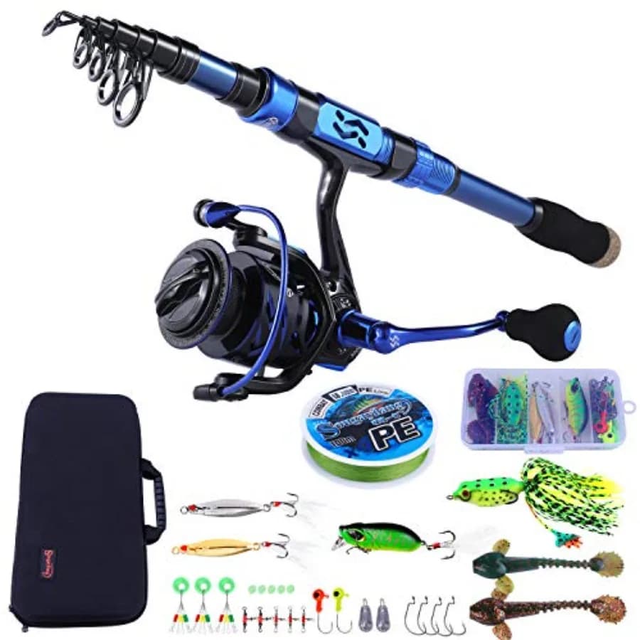 Set Canna da Pesca Telescopica in Fibra di Carbonio e Mulinello con Mulinello Spinning 12+1BB in Nero e Blu per Pesca in Acqua Salata e Dolce