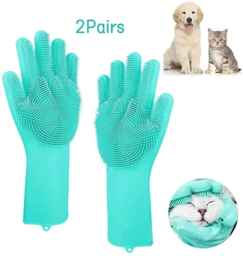 Guanti per toelettatura animali domestici in silicone per cani e gatti, per bagno, shampoo, lavaggio piatti, pulizia, rimozione peli, multifunzione