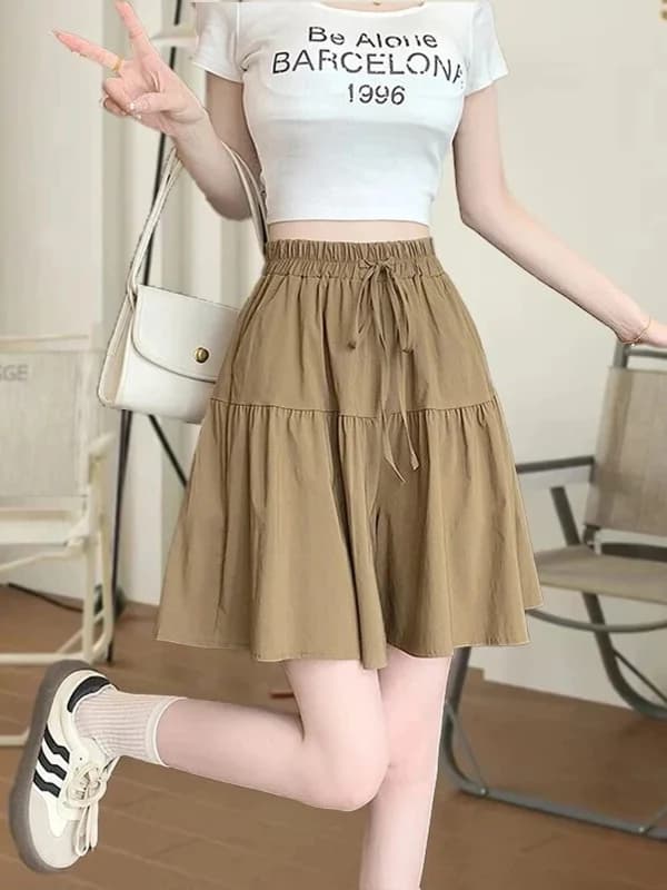 High Waist Ice Silk Casual Skirt Pants Women's Fashionable Versatile Five-Quarter Shorts Commute Style Elastic Waistband