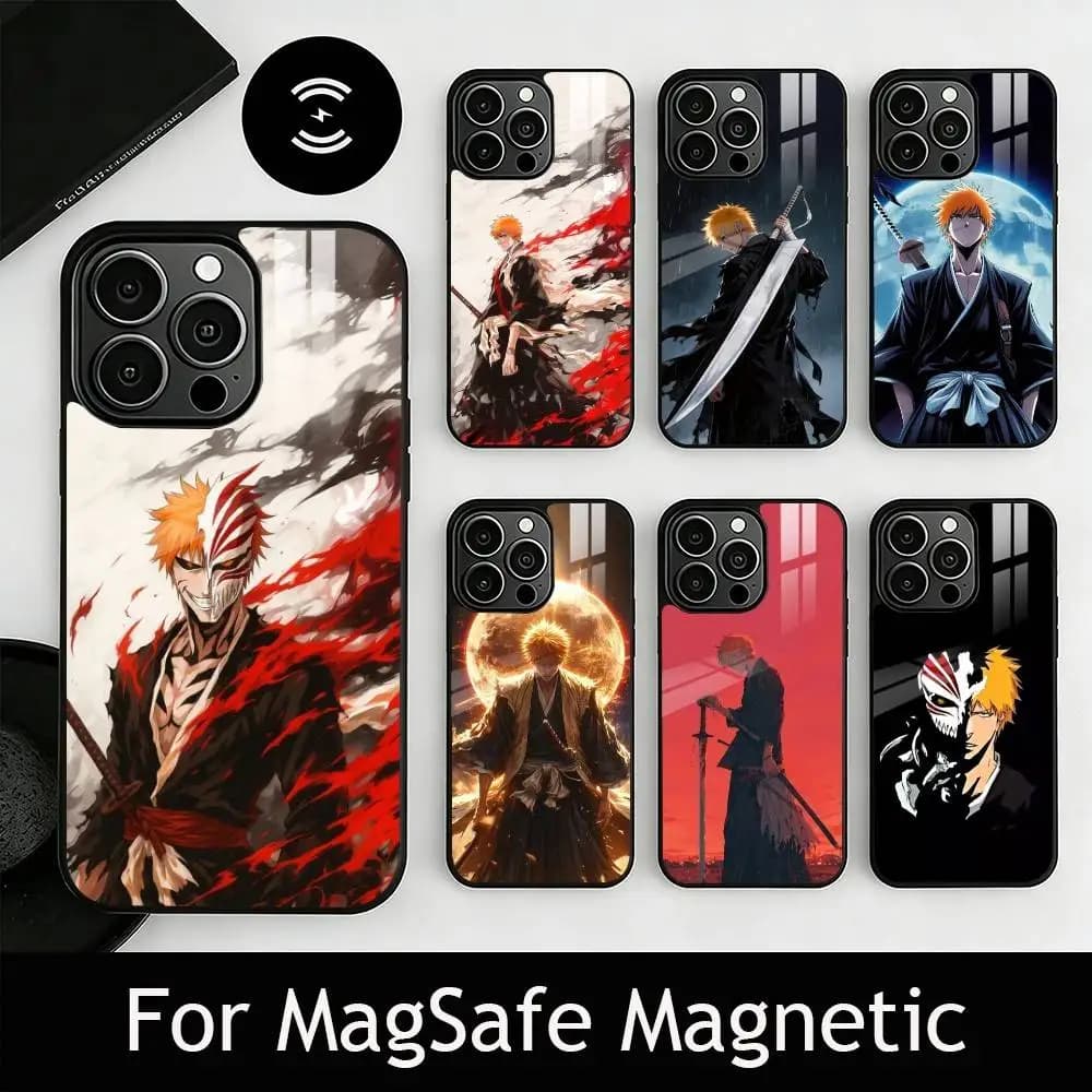 Cover per iPhone B-Bleach I-Ichigo Kurosaki per iPhone 17, 16, 15, 14, 13, 12, 11 Plus, Pro, magnetica per ricarica wireless MagSafe