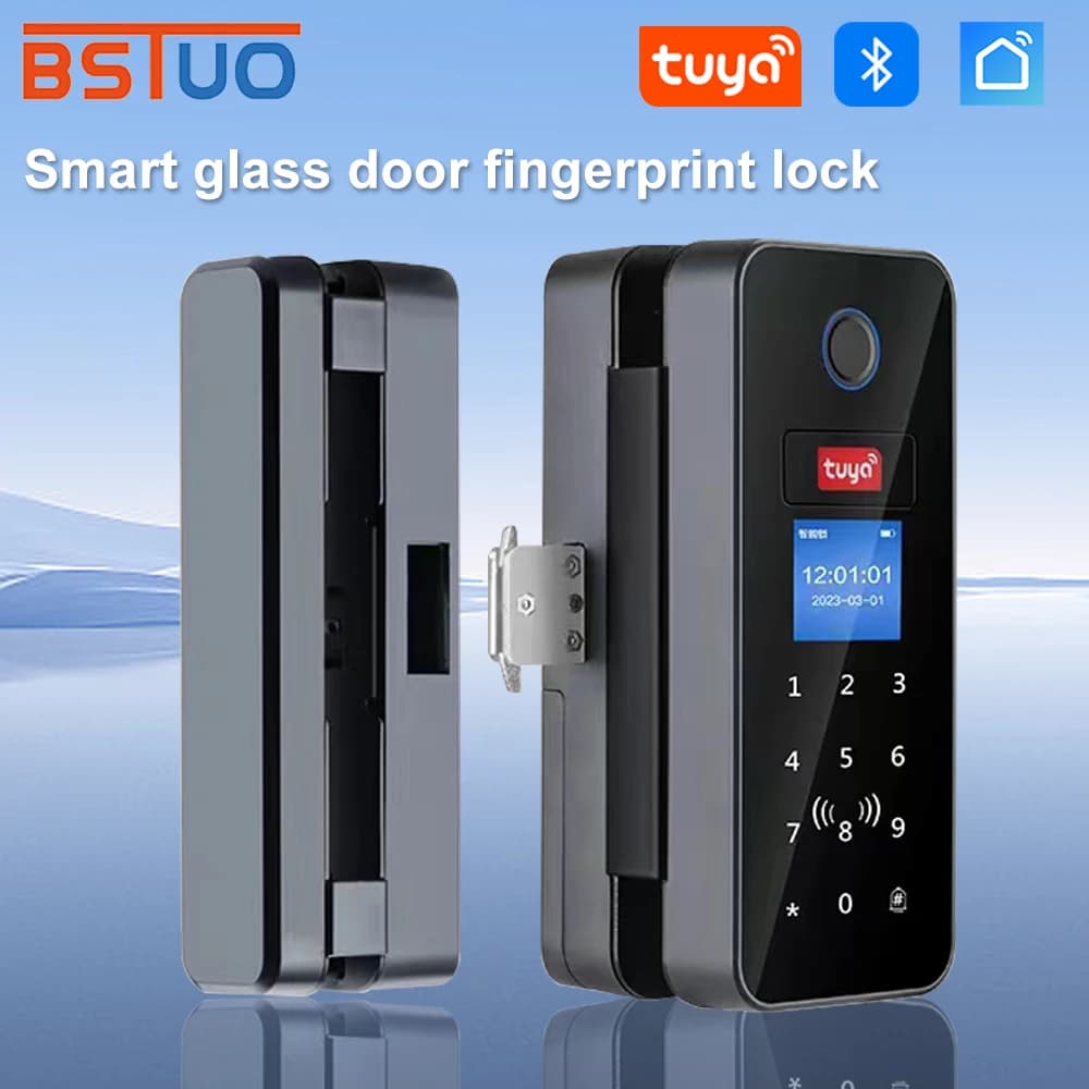 Serratura per porta in vetro intelligente con doppio gancio Porta scorrevole in vetro App Tuya Serratura biometrica per impronte digitali Scheda IC Bluetooth Elettronica digitale