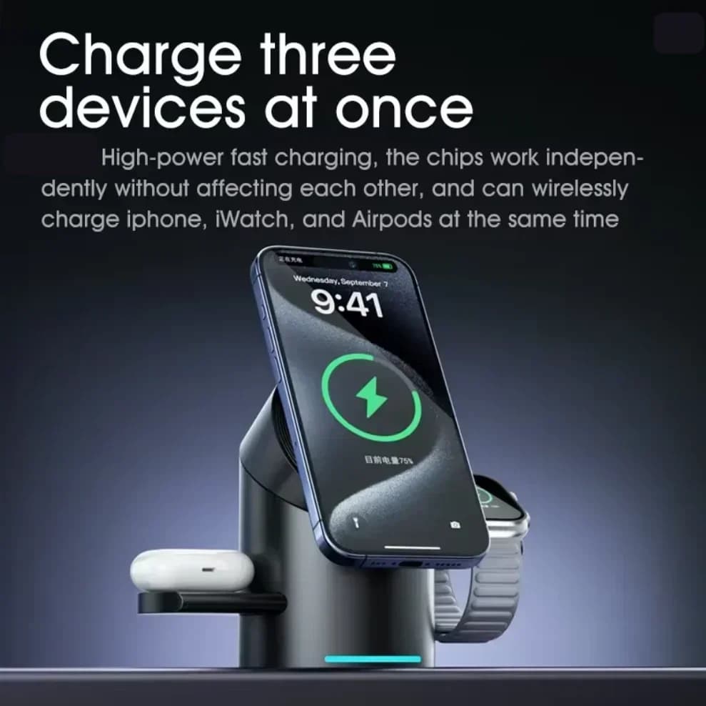 Caricatore Wireless Magnetico 3-in-1 Qi2 con Pulsante Touch, Versione Aggiornata 2026, Stazione di Ricarica Rapida 15W per iPhone, Telefoni Android, iWatch, AirPods