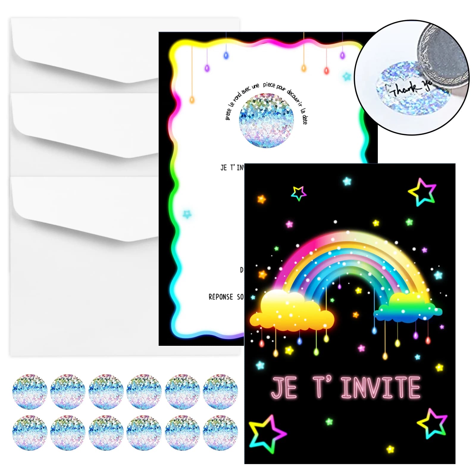 Set da 12 pezzi di inviti di compleanno a tema arcobaleno e stelle, con adesivi antigraffio, buste e colorato auto per invito al neon