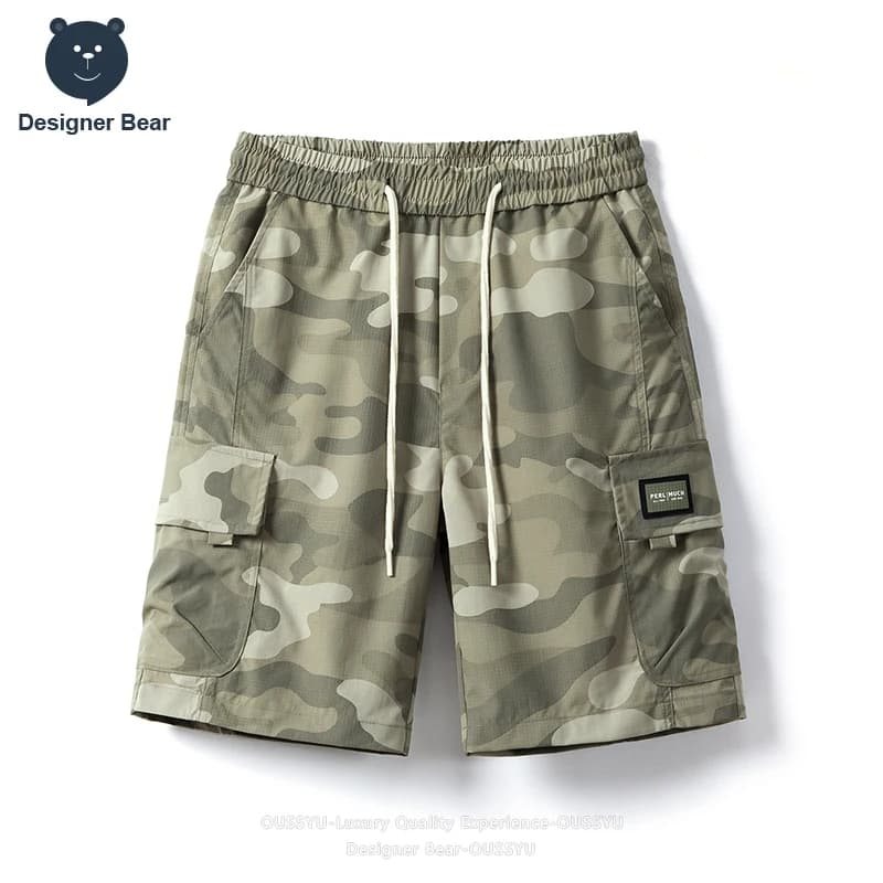 Abbigliamento di Marca, Pantaloncini Cargo Estivi da Uomo, Multi-tasca, Larghi, con Coulisse, Camouflage, Casual, al Ginocchio, Stile Streetwear