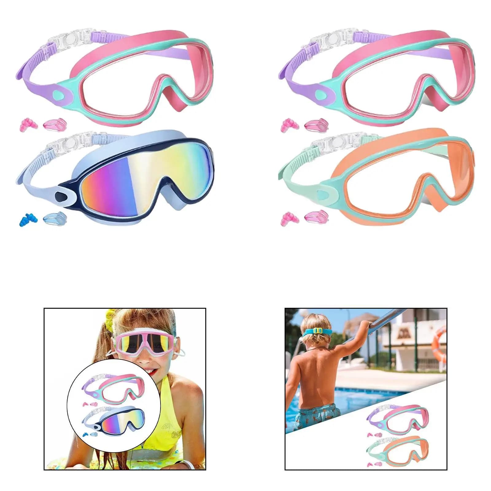 2-piece children's swimming glasses Large-view portable swimming glasses Light swimming glasses with earplugs Adjustable swimming glasses
