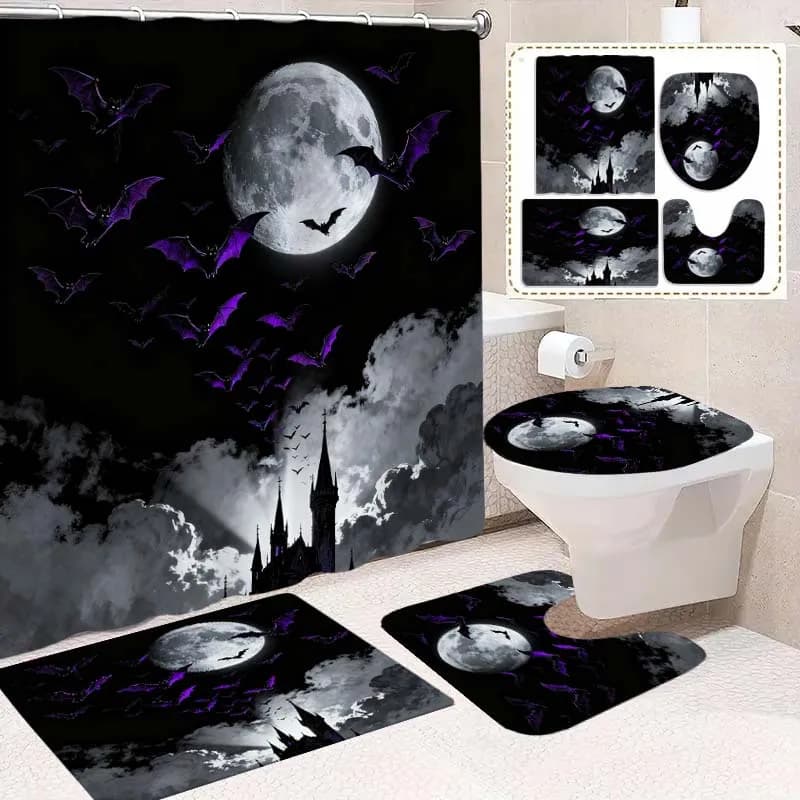 2D Flat, 4pcs Gothic 2D Bathroom Set, High-Quality Bathroom Decorations And Additions Including Non-Slip, U-Shaped, Toilet Seat, And Shower Curtain with 12 Hooks